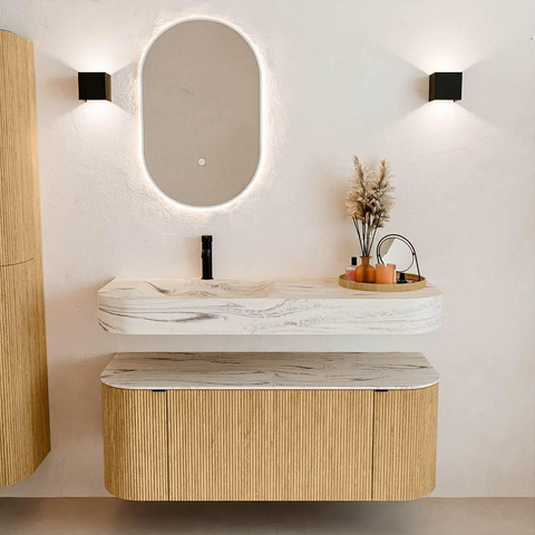 MONDIAZ THOR-DLUX 120cm badmeubel ronding links + rechts kleur Oak met 1 lade en 2 deuren. Vrijhangende wastafel CLOUD Links 1 kraangat kleur Nata. SW1463364