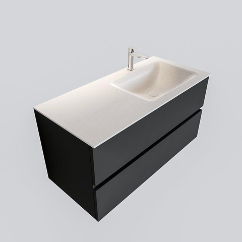 ENSEMBLE DE MEUBLE MONDIAZ VICA - 100cm - 2 tiroirs - lavabo Cloud à droite - 1 trou de robinet - solid surface gris foncé SW409754