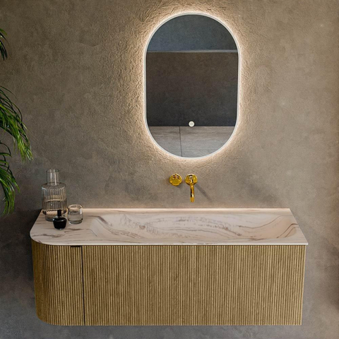 MONDIAZ KURVE-DLUX Meuble de salle de bains 125cm arrondi à gauche couleur Dusk avec 1 tiroir et 1 porte. Vasque BIG MEDIUM à droite sans trou de robinet Nata. SW1432387