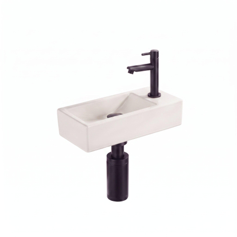 Saniclass Fuente Fonteinset - 40x22x10cm - solid surface off-white - afvoerplug - fonteinkraan - sifon - zwart SW1587193