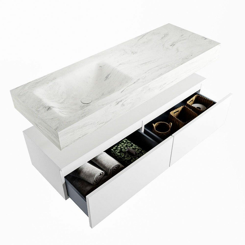 Mondiaz ALAN-DLUX Ensemble de meuble - 130cm - meuble Talc mat - 2 tiroirs - Lavabo Cloud Opalo suspendu - vasque Gauche - 1 trou de robinet SW806410