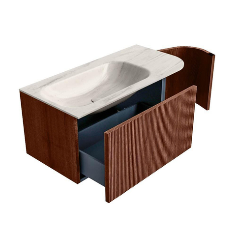 MONDIAZ KURVE-DLUX Meuble de salle de bains 95cm arrondi Droite couleur Ruby avec 1 tiroir et 1 porte. Lavabo BIG SMALL Gauche sans trou de robinet Meli. SW1432037