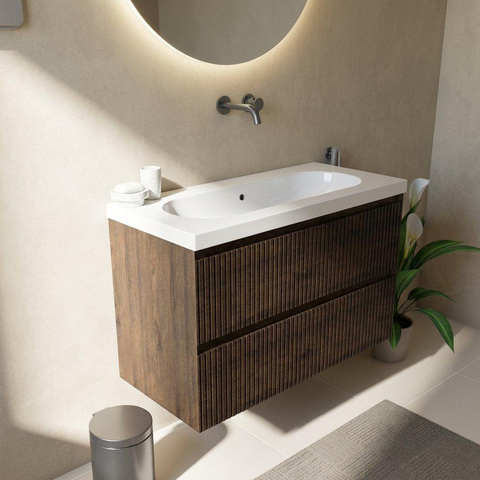 Saniclass Holz Atelier Ensemble de meubles de salle de bains - 100x45x63.5cm - lavabo Palermo en céramique blanc - 1 vasque - sans trou de robinet - 2 tiroirs - chêne charcoal mat (bois) SW1478609