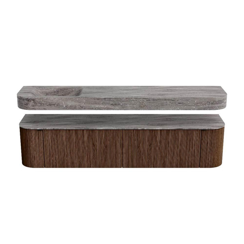 MONDIAZ THOR-DLUX 200cm meuble de salle de bains arrondi gauche + droite couleur Walnut avec 2 tiroirs et 2 portes. Vasque suspendue CLOUD Gauche sans trou de robinet couleur Oza. SW1467185