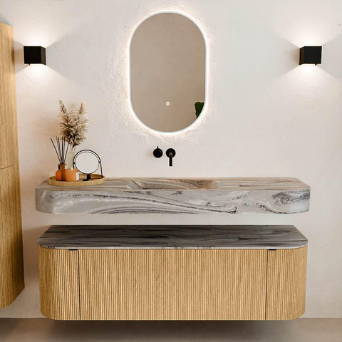 MONDIAZ THOR-DLUX 150cm badmeubel ronding links + rechts kleur Oak met 1 lade en 2 deuren. Vrijhangende wastafel CLOUD Midden zonder kraangat kleur Sombra. SW1464894
