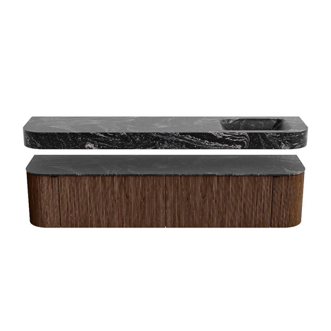 MONDIAZ THOR-DLUX 200cm badmeubel ronding links + rechts kleur Walnut met 2 lades en 2 deuren. Vrijhangende wastafel CLOUD Rechts zonder kraangat kleur Lava. SW1467003
