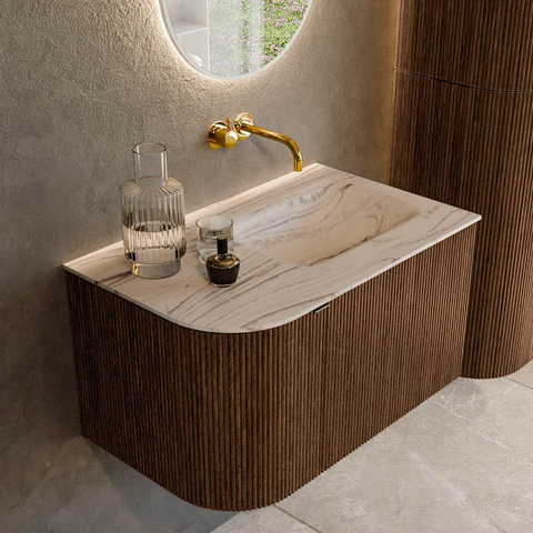MONDIAZ KURVE-DLUX 75cm badmeubel ronding Links kleur Walnut met 1 lade en 1 deur. Wastafel GRUNNE Rechts zonder kraangat Nata. SW1432155