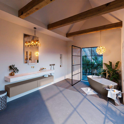 Mondiaz ALAN-DLUX Ensemble de meuble - 200cm - meuble Smoke mat - 2 tiroirs - Lavabo Cloud Ostra suspendu - vasque Centre - 0 trous de robinet SW807345