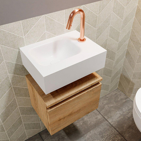 MONDIAZ ANDOR Toiletmeubel 40x30x30cm met 1 kraangaten 1 lades washed oak mat Wastafel Lex links Solid Surface Wit SW474258