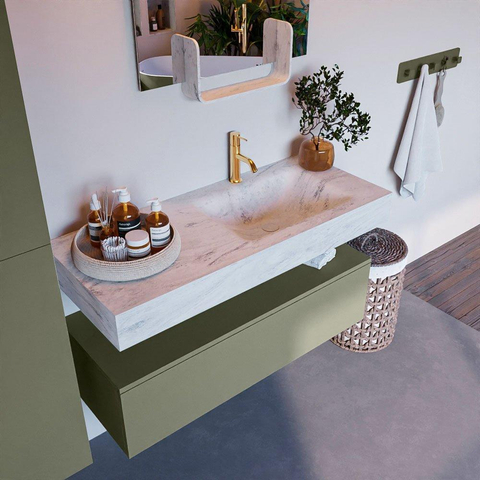 Mondiaz ALAN-DLUX Ensemble de meuble - 110cm - meuble Army mat - 1 tiroir - Lavabo Cloud Opalo suspendu - vasque Droite - 1 trou de robinet SW806802