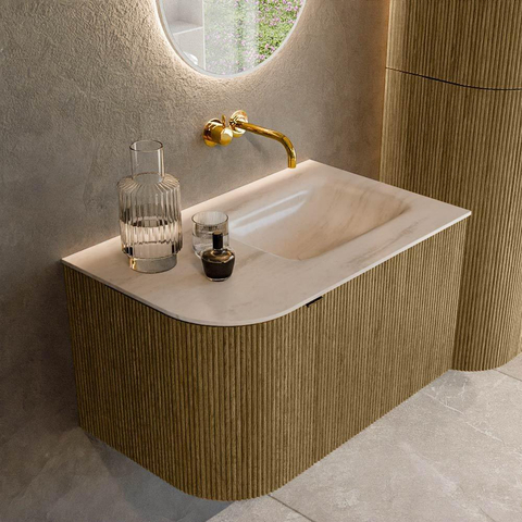 MONDIAZ KURVE-DLUX Meuble de salle de bains 75cm arrondi à gauche couleur Dusk avec 1 tiroir et 1 porte. Lavabo GRUNNE à droite sans trou de robinet Meli. SW1431866