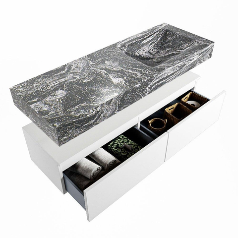 Mondiaz ALAN-DLUX Ensemble de meuble - 130cm - meuble Talc mat - 2 tiroirs - Lavabo Cloud Lava suspendu - vasque Droite - 0 trous de robinet SW808033