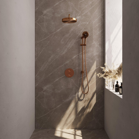 BRAUER Stripe Thermostatische Inbouw Regendouche - 3-weg - rond - 25cm douchekop - gebogen muurarm - 3-standen handdouche - doucheslang - geïntegreerde glijstang - koper geborsteld PVD SW1435216