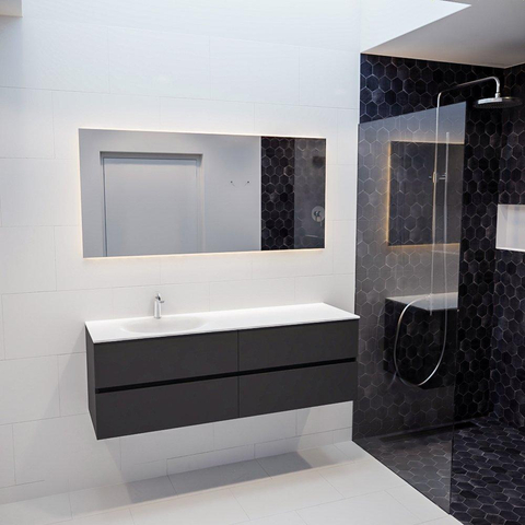 MONDIAZ VICA Ensemble de meuble salle de bain - 150cm - 4 tiroirs - lavabo Moon gauche - 1 trou de robinet - solid surface gris foncé SW409816