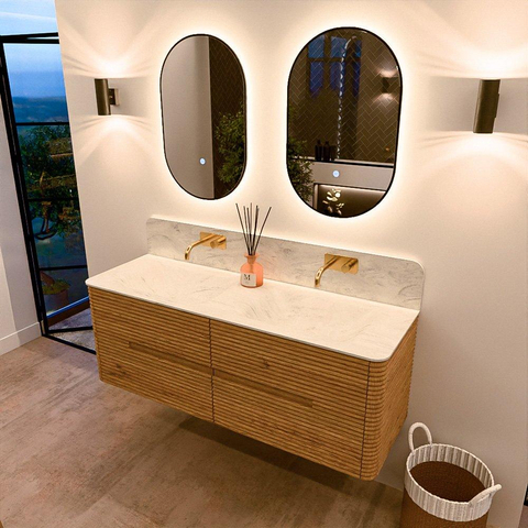 Mondiaz CIRO-DLUX Badkamermeubelset - 140x45x50cm - Solid surface wastafel Opalo - 2 wasbak Dubbel - zonder kraangaten - 4 lades - Oak SW1531069