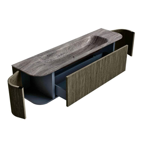 MONDIAZ KURVE-DLUX 170cm badmeubel ronding Links + Rechts kleur Shadow met 1 lade en 2 deuren. Wastafel BIG LARGE Midden 2 kraangaten Oza. SW1432915