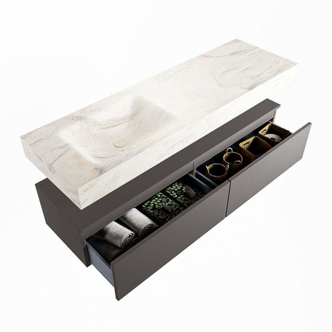 Mondiaz ALAN-DLUX Ensemble de meuble - 150cm - meuble Dark grey mat - 2 tiroirs - Lavabo Cloud Ostra suspendu - vasque Gauche - 0 trous de robinet SW807117
