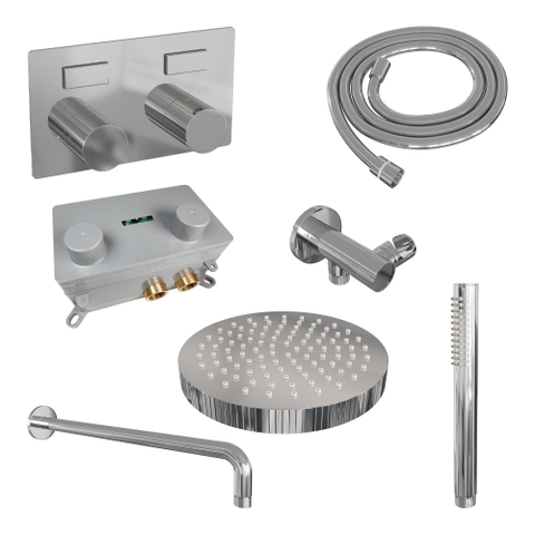 BRAUER Stripe Douche de tête thermostatique encastrée - boutons-poussoirs - SET 26 - pomme de douche 25cm - bras mural courbé - douchette à main sur barre - flexible de douche - coude de raccord mural - chrome SW1434765