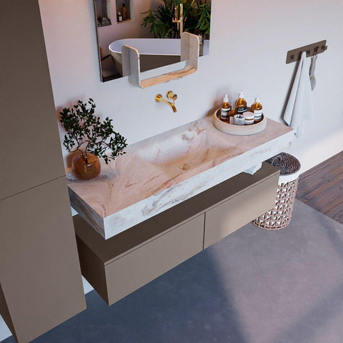 Mondiaz ALAN-DLUX Ensemble de meuble - 130cm - meuble Smoke mat - 2 tiroirs - Lavabo Cloud Frappe suspendu - vasque Centre - 0 trous de robinet SW804825