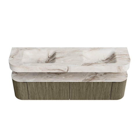 MONDIAZ THOR-DLUX 180cm meuble de salle de bains arrondi gauche + droite couleur Shadow avec 2 tiroirs et 2 portes. Vasque suspendue CLOUD Double sans trou de robinet couleur Frappe. SW1466058