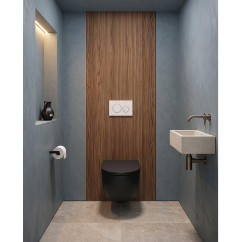 QeramiQ Dely Swirl Pack WC - 36,3x51,7cm - réservoir encastré Geberit UP720 Duofix Sigma - assise 35mm - plaque de déclenchement blanche brillante - boutons ronds - noir mat SW1413937
