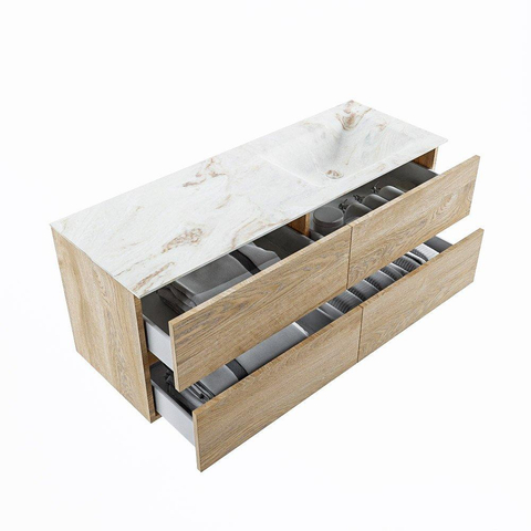 MONDIAZ VICA-DLUX Ensemble meuble de salle de bains - 130cm - meuble bas Washed oak - 4 tiroirs - lavabo encastré cloud à droite - 1 trou de robinet - version haute 60cm - frape SW1088801