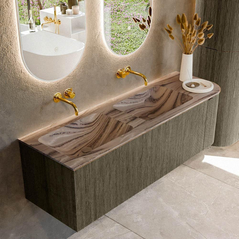 MONDIAZ KURVE-DLUX 145cm meuble de salle de bains arrondi Droite couleur Shadow avec 1 tiroir et 1 porte. Lavabo LEAF Double / Gauche sans trou de robinet Sombra. SW1433789