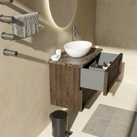 Saniclass Holz Frame Ensemble meuble de salle de bains - 80x45x63cm - Plan de travail en pierre naturelle Noche dark emperador - 1 trou de robinetterie - 2 tiroirs - chêne charcoal mat (bois) SW1579904
