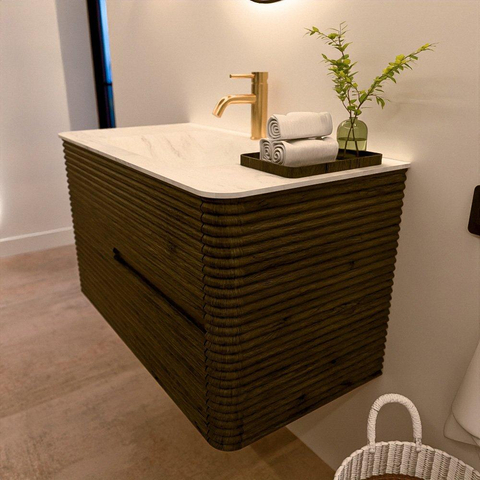 Mondiaz CIRO-DLUX Badkamermeubelset - 90x45x50cm - Solid surface wastafel Opalo - 1 wasbak Midden - 1 kraangat - 2 lades - Shadow SW1532403
