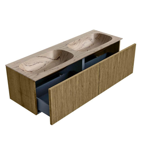 MONDIAZ KURVE-DLUX Meuble de salle de bains 140cm couleur Dusk avec 2 tiroirs et 0 portes. Lavabo STOR SMALL Double 2 trous de robinet Arena. SW1431420