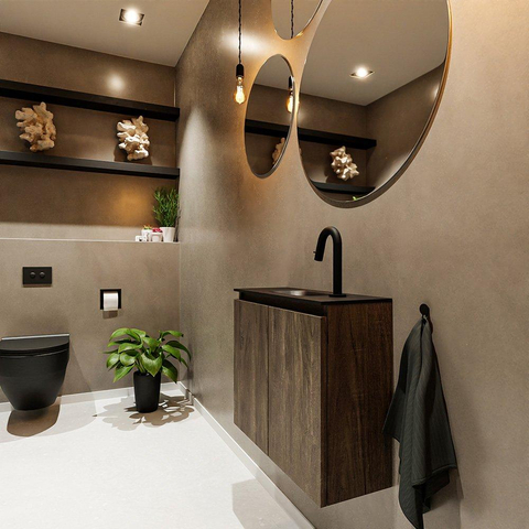 MONDIAZ TURE Toiletmeubel 60x23x50cm met 1 kraangaten 2 deuren dark brown mat Wastafel Eden midden Solid Surface Zwart SW475526