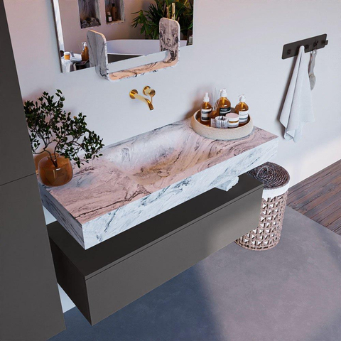Mondiaz ALAN-DLUX Ensemble de meuble - 110cm - meuble Dark grey mat - 1 tiroir - Lavabo Cloud Glace suspendu - vasque Centre - 0 trous de robinet SW805347