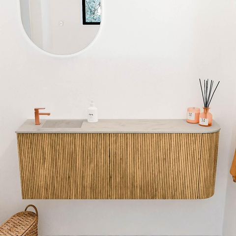 Mondiaz JOYA-DLUX 111.6cm toiletmeubel - ronding rechts kleur Oak - Wastafel FAYE positie Links 1 kraangat kleur Opalo. SW1422146