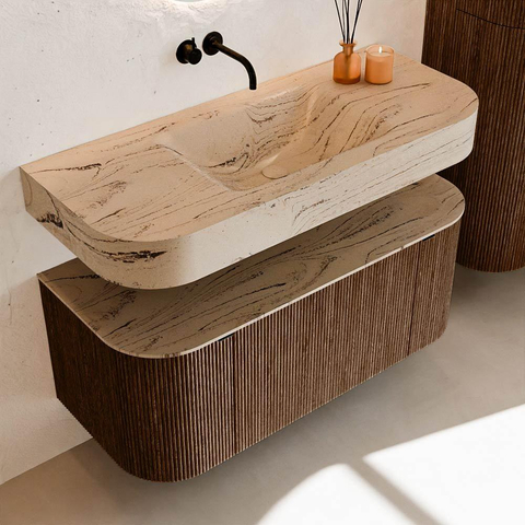 MONDIAZ THOR-DLUX 110cm badmeubel ronding links + rechts kleur Walnut met 1 lade en 2 deuren. Vrijhangende wastafel CLOUD Midden zonder kraangat kleur Arena. SW1462713