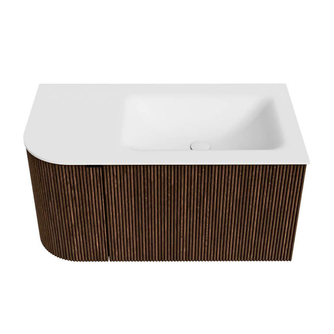 MONDIAZ KURVE Meuble de salle de bains 85 cm avec module 25 L couleur Walnut avec 1 tiroir et 1 porte. Lavabo CLOUD à droite sans trou de robinet Talc. SW1138248