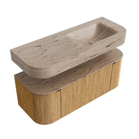MONDIAZ THOR-DLUX 120cm meuble de salle de bains arrondi gauche + droite couleur Oak avec 1 tiroir et 2 portes. Vasque suspendue CLOUD droite sans trou de robinet couleur Arena. SW1463435