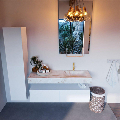 Mondiaz ALAN-DLUX Ensemble de meuble - 130cm - meuble Talc mat - 2 tiroirs - Lavabo Cloud Frappe suspendu - vasque Droite - 1 trou de robinet SW804903