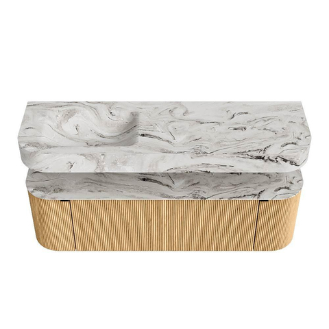 MONDIAZ THOR-DLUX 150cm badmeubel ronding links + rechts kleur Oak met 1 lade en 2 deuren. Vrijhangende wastafel CLOUD Links zonder kraangat kleur Glace. SW1464649