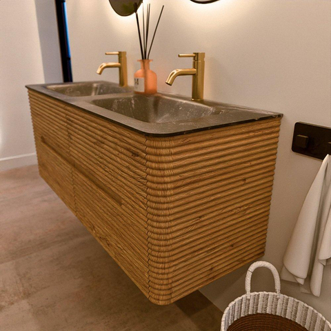 Mondiaz CIRO-DLUX Meuble de salle de bains - 130x45x50cm - Lavabo solid surface Lava - 2 vasques Double - 2 trous de robinet - 4 tiroirs - Chêne SW1531097