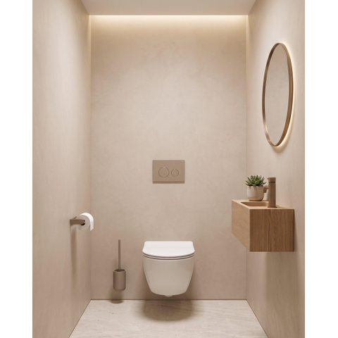Pack WC QeramiQ Dely Swirl Compact - réservoir encastrable Geberit UP320 - avec bâti-support Burda - abattant slim - plaque de commande en plastique taupe - boutons ronds - blanc brillant SW1592304