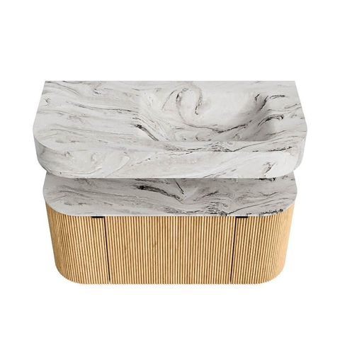 MONDIAZ THOR-DLUX 100cm meuble de salle de bains arrondi gauche + droite couleur Chêne avec 1 tiroir et 2 portes. Vasque suspendue CLOUD Droite 1 trou de robinet couleur Glace. SW1467306