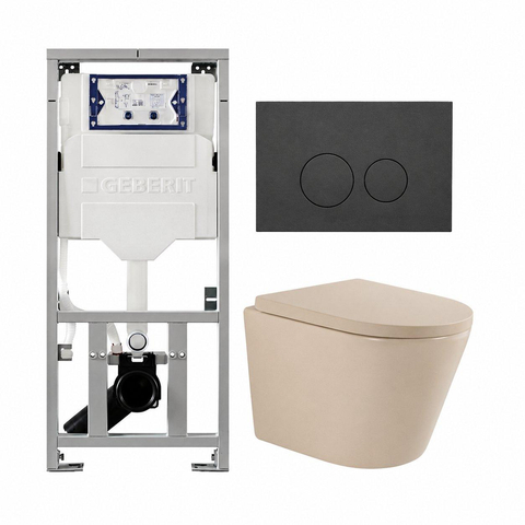 QeramiQ Dely Toiletset - 36.3x51.7cm - diepspoel - rimless - Geberit UP320 inbouwreservoir - softclose toilet zitting - 35mm - bedieningsplaat mat antraciet - ronde knoppen - mat beige SW1236505