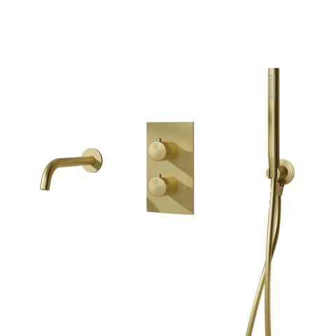 Fortifura Calvi Badkraan set - uitloop - 22cm inkortbaar - metalen slang - staafhanddouche - inbouwdeel - wandhouder - geborsteld messing (goud) SW1242590