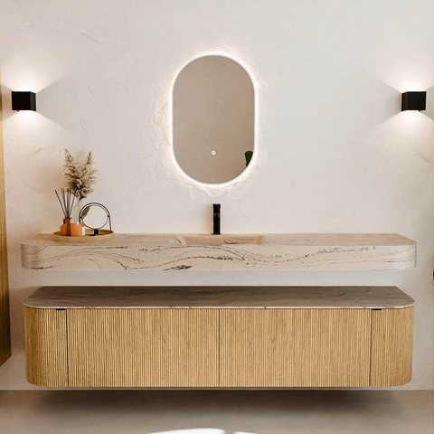 MONDIAZ THOR-DLUX 200cm meuble de salle de bains arrondi gauche + droite couleur Oak avec 2 tiroirs et 2 portes. Vasque suspendue CLOUD Milieu 1 trou de robinet couleur Arena. SW1467058