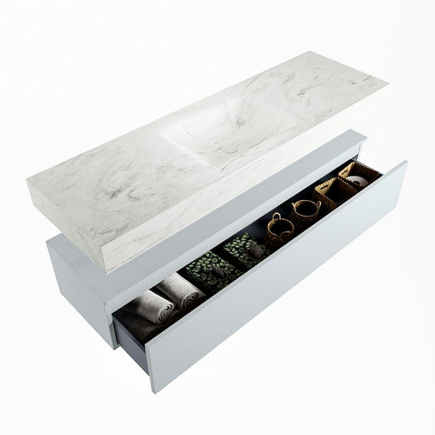 Mondiaz ALAN-DLUX Ensemble de meuble - 150cm - meuble Clay mat - 1 tiroir - Lavabo Cloud Opalo suspendu - vasque Centre - 0 trous de robinet SW806967