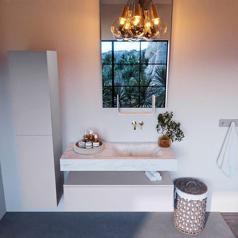 Mondiaz ALAN-DLUX Ensemble de meuble - 110cm - meuble Cale mat - 1 tiroir - Lavabo Cloud Opalo suspendu - vasque Droite - 0 trous de robinet SW806942