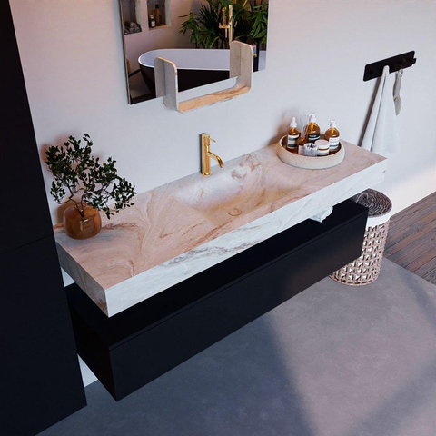 Mondiaz ALAN-DLUX Ensemble de meuble - 150cm - meuble Urban mat - 1 tiroir - Lavabo Cloud Frappe suspendu - vasque Centre - 1 trou de robinet SW805157