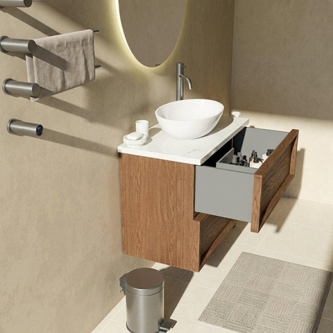 Saniclass Holz Frame Badkamermeubelset - 80x45x63cm - Dia marmeren wastafelblad gepolijst (wit) - 1 kraangat - 2 lades - mat walnut pure (hout) SW1579959