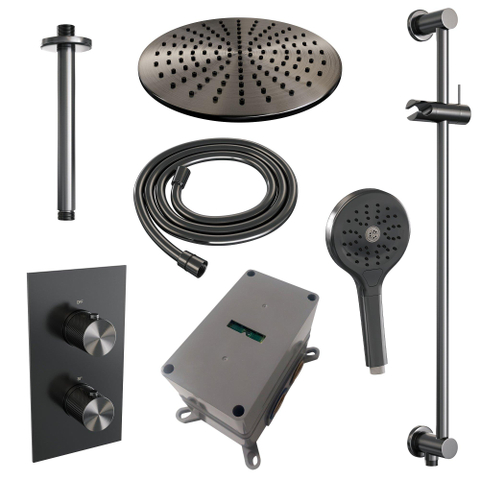 BRAUER Gunmetal Carving Regendoucheset inbouw - hoofddouche 30 cm - 2 functies - glijstang - inclusief inbouwdeel - handdouche Rond 3 standen - PVD - geborsteld gunmetal SW716001