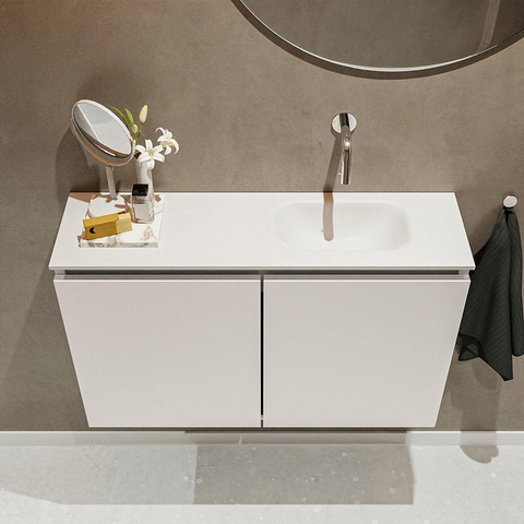 MONDIAZ TURE Toiletmeubel 80x23x50cm met 0 kraangaten 2 deuren linen mat Wastafel Eden rechts Solid Surface Wit SW475096